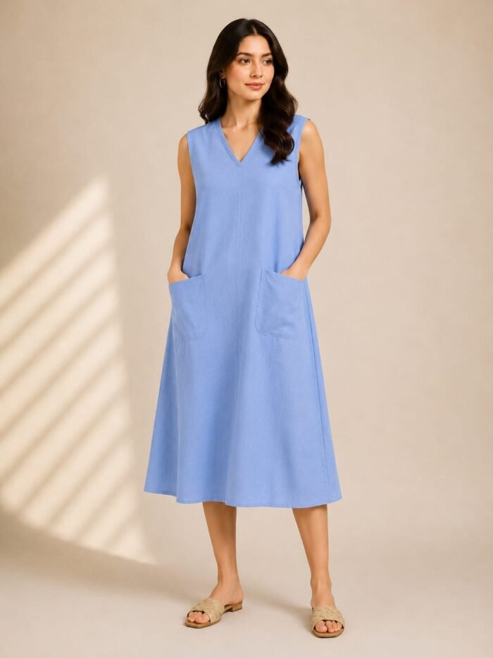 Azure Blue Linen Cotton A-Line Dress