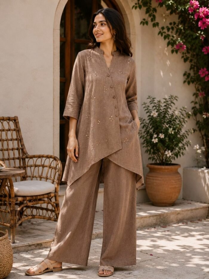 Elegant Brown Angrakha Kurta with Palazzo Set.