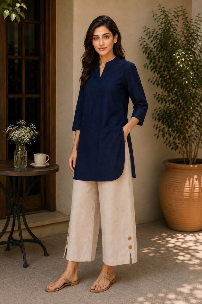 Classic Navy Blue Linen-Cotton Short Kurta with Wide leg Palazzo