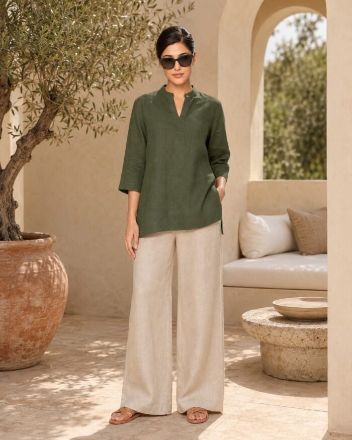 Olive Green Linen-Cotton Short Kurta with Pant