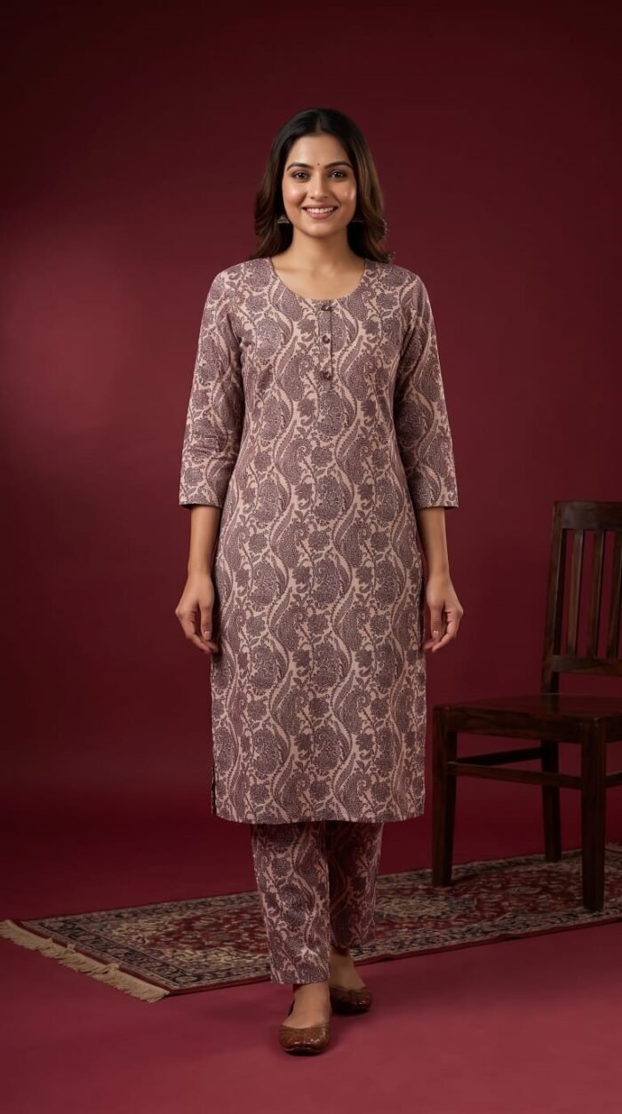 Brown Paisley Printed Cotton Kurta Set