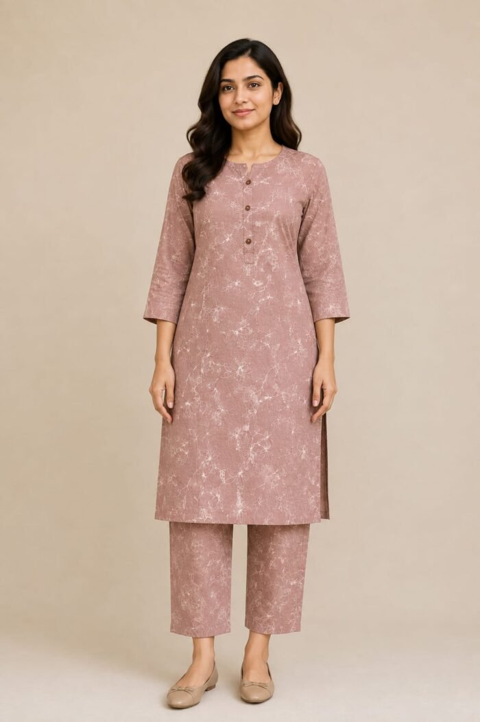 Dusty Rose Elegance Floral Cotton-Linen Co-Ord Set