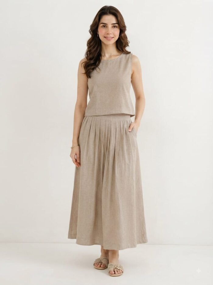 Natural Linen Co-ord Set – Sleeveless Top & Pleated Skirt